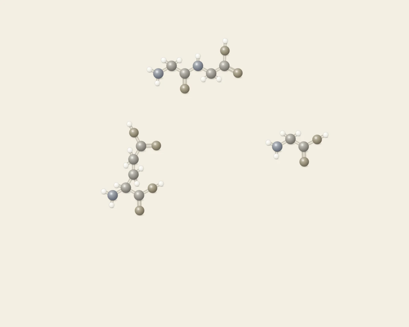 Illustrative ball-and-stick artwork of several separate short peptide fragments, accompanying the Cortexin page. Cortexin is an organ-derived peptide fraction rather than a single molecule, so it has no single structure to depict