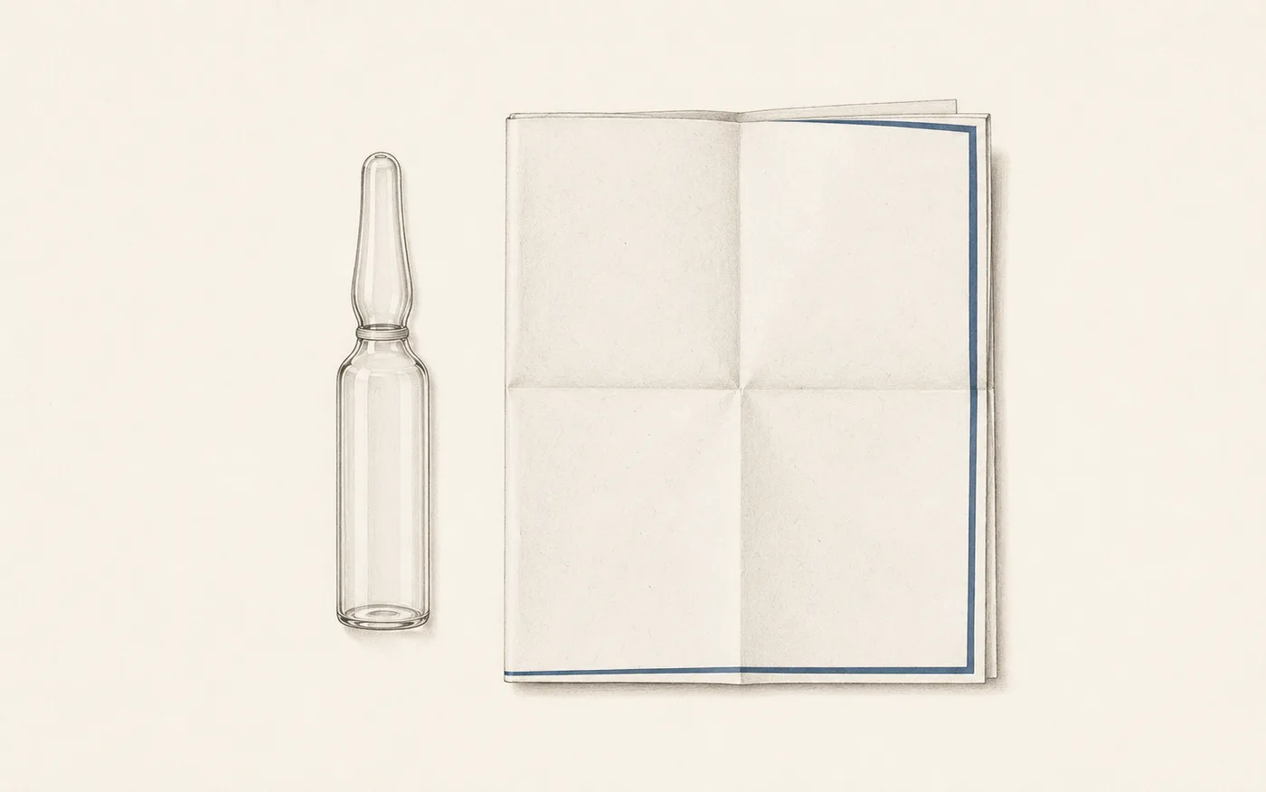 Illustration of a plain unbranded glass ampoule beside a folded laboratory certificate sheet