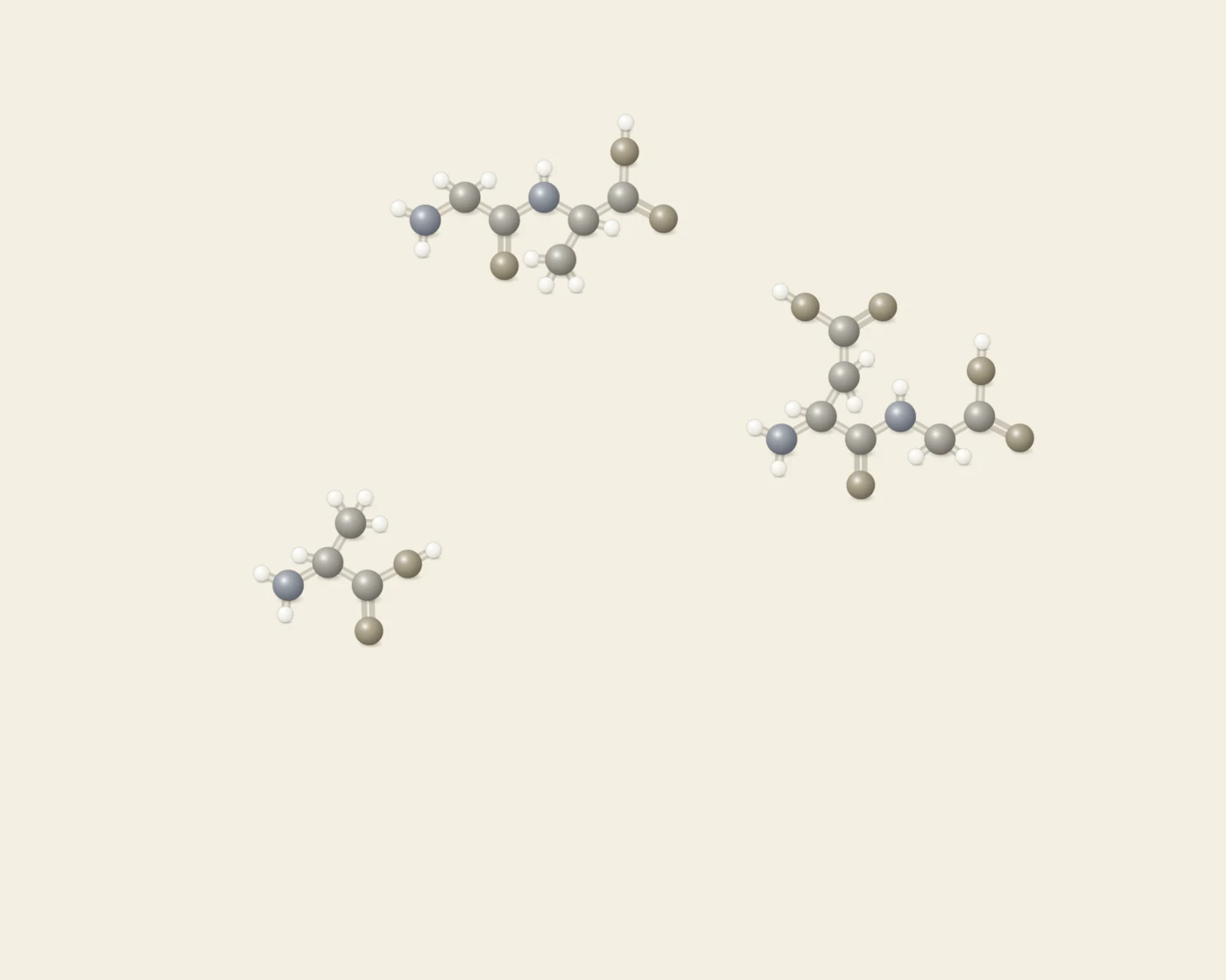 Illustrative ball-and-stick artwork of several separate short peptide fragments, accompanying the Thymalin page. Thymalin is an organ-derived peptide fraction rather than a single molecule, so it has no single structure to depict
