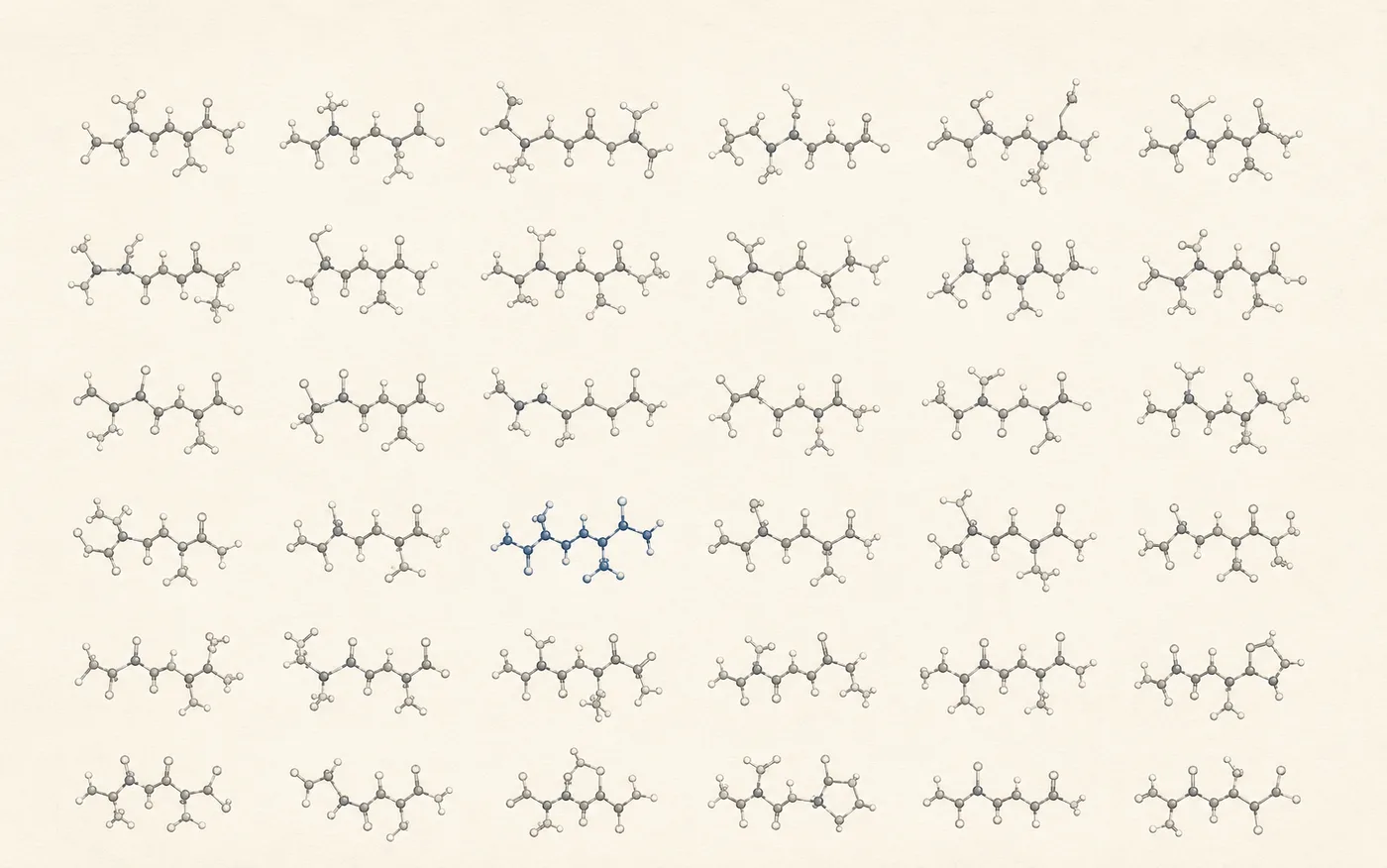 Illustrative grid of short peptide chains, one picked out in blue